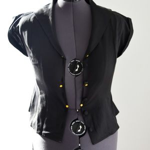 Retro Style Black Cap Sleeve V Neck Blouse